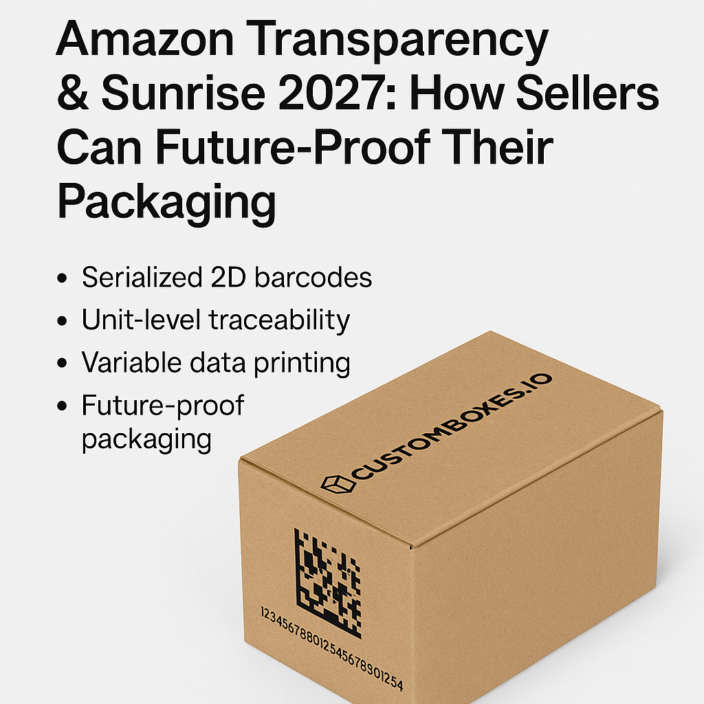 Amazon Transparency packaging with 2D Data Matrix barcode on custom shipping box with logo