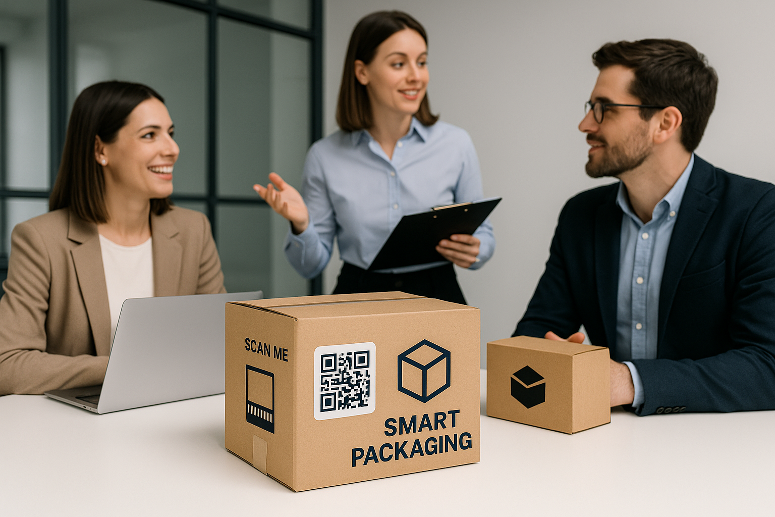 Creative agency presenting smart packaging strategy with custom logo shipping boxes and QR code integration