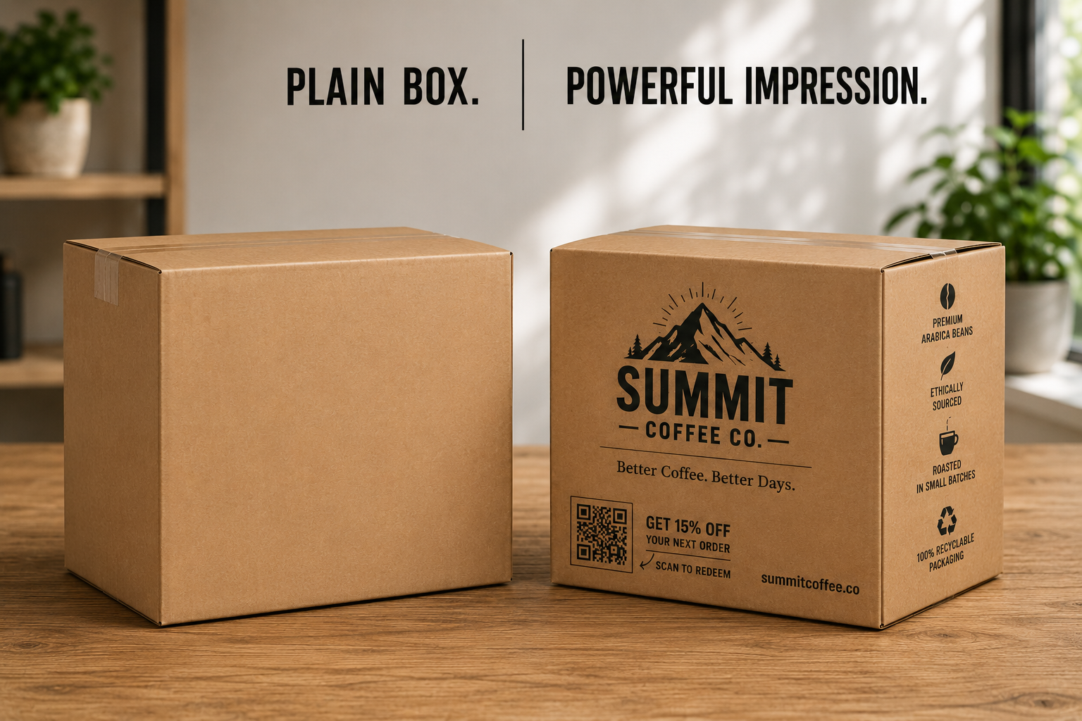 Plain kraft shipping box beside a custom printed Summit Coffee shipping box