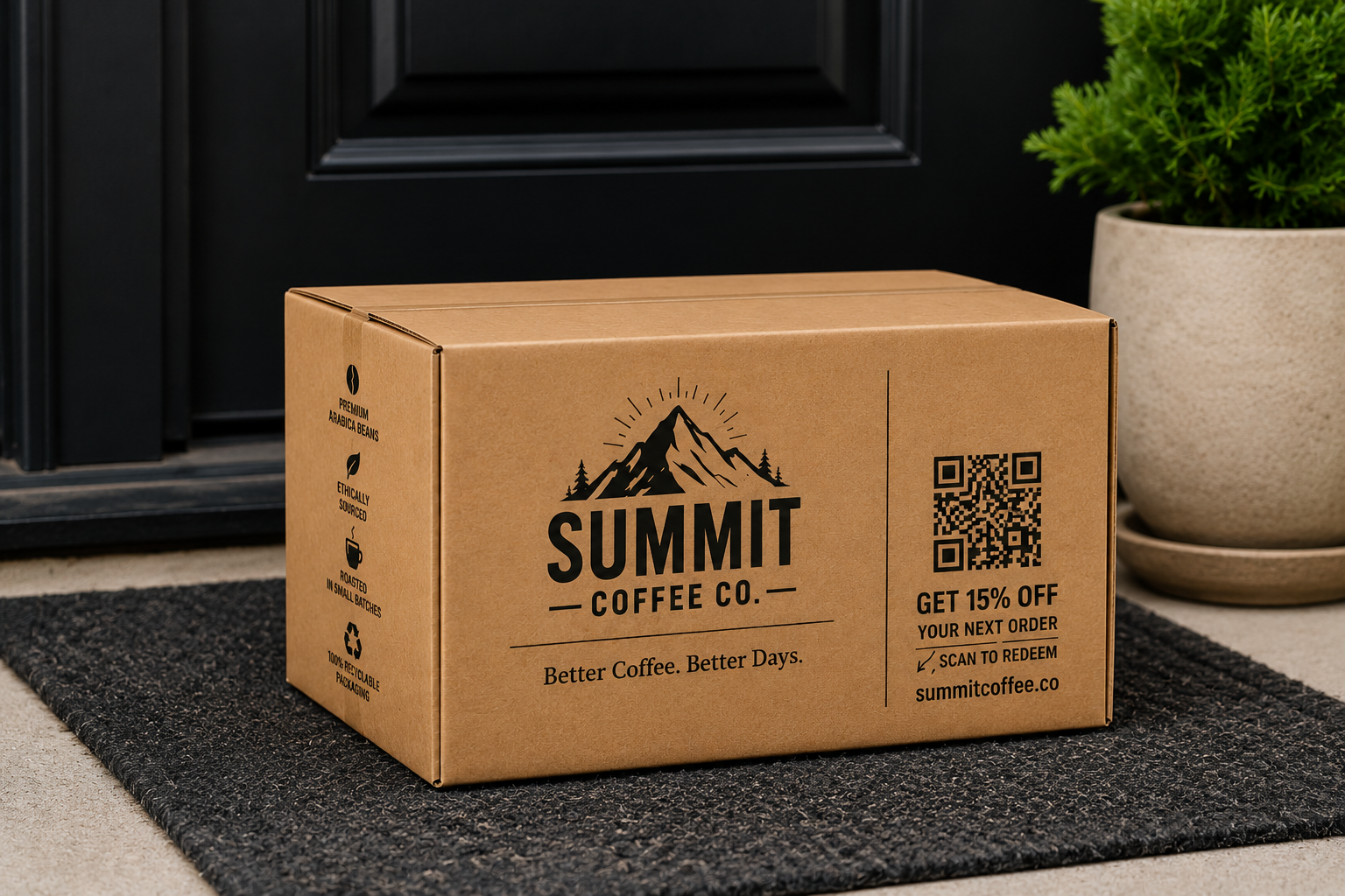 Custom printed Summit Coffee shipping box featuring a logo, QR code, website address, and branded message