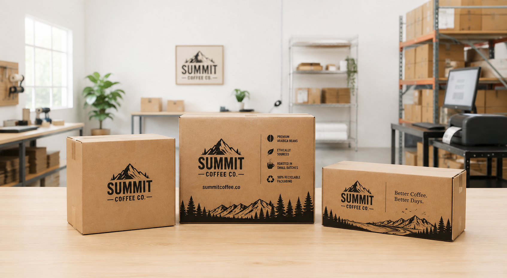 Three custom printed Summit Coffee shipping boxes in different sizes displayed in a packaging workspace