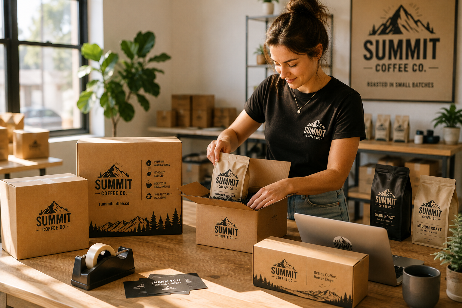 Ecommerce business owner packing coffee products into custom printed Summit Coffee shipping boxes